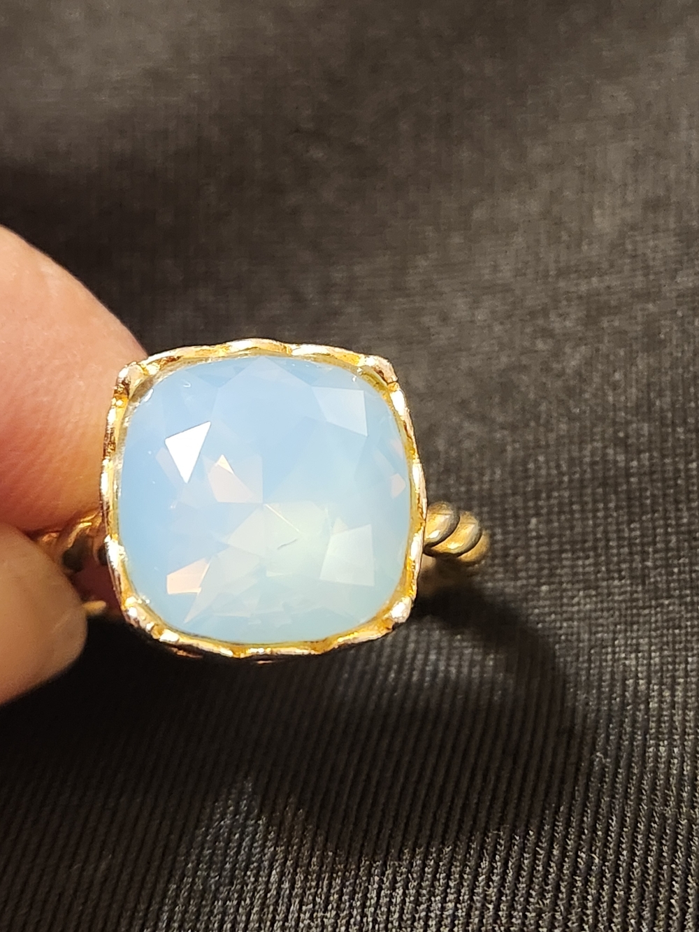 Victoria Lynn Goldtone Ring with 12mm Blue Opalescent Cushion Stone Size 7